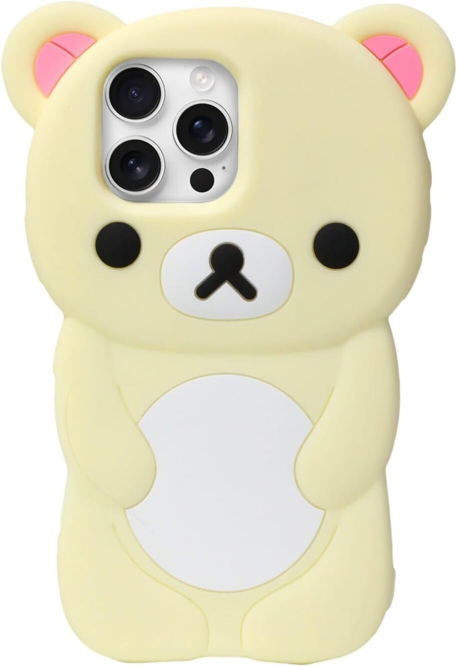 New IAIYOXI Soft Silicone Bear Case iPhone 15 Pro Max Cute 3D Cartoon Yellow